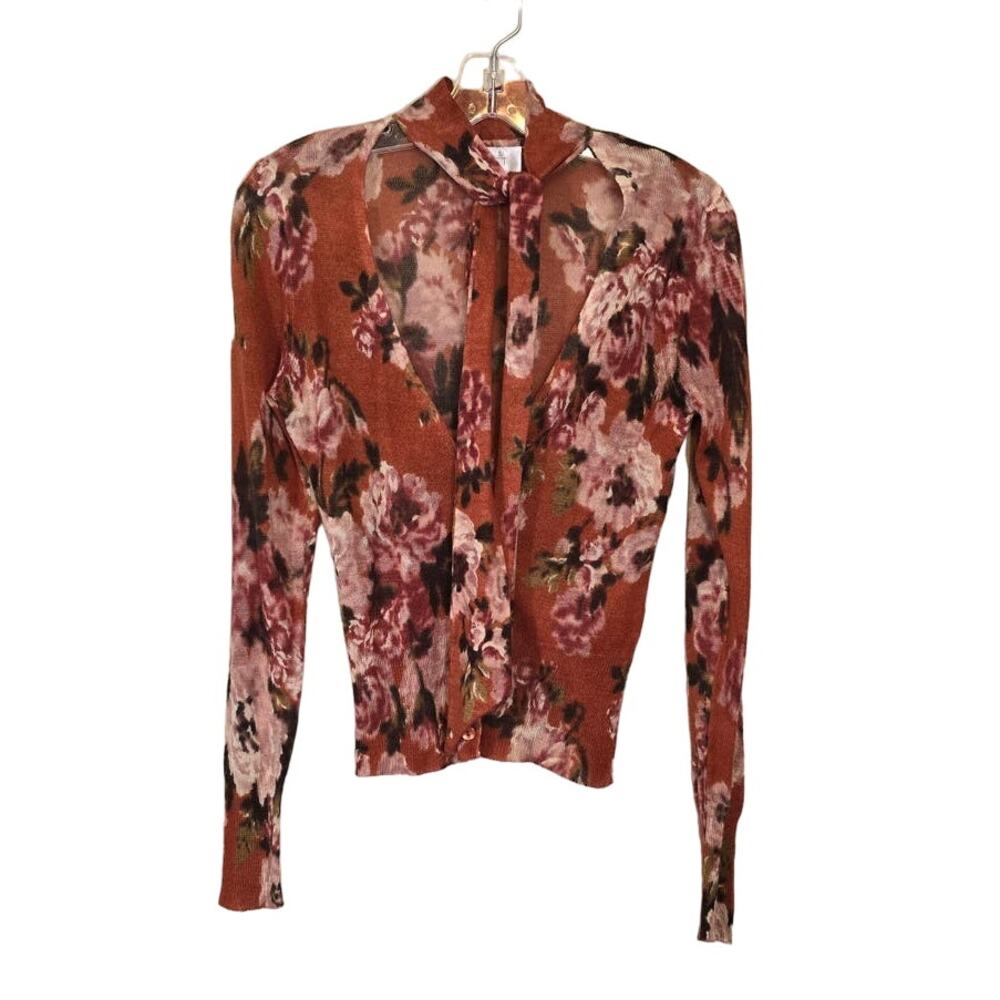 Ann Taylor Loft Floral Tie Neck Button Up Cardigan Sweater Multicolor SZ Medium